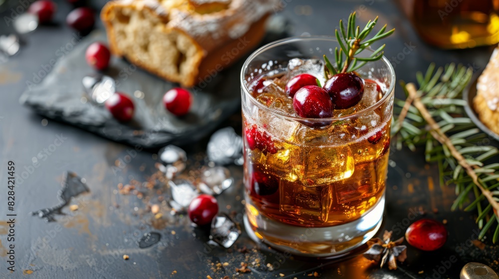 glass of iced bourbon and cranberry bread. with copy space glass of iced bourbon and cranberry bread. with copy space