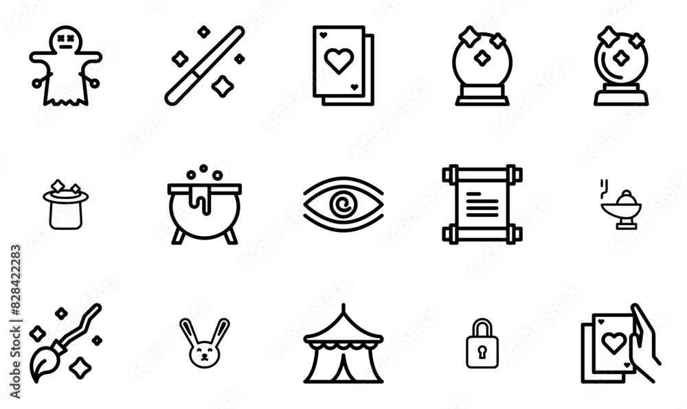 Set Of Magic Icons Silhouette Vector Logo Design Containing Witch,Ball,Deck,Crystal,Cards Solid Icon Collection. Vector Illustration Set Of Magic Icons Silhouette Vector Logo Design Containing Witch,Ball,Deck,Crystal,Cards Solid Icon Collection. Vector Illustration