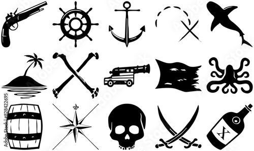 Mega Set Of Vector Letterpress Pirate Icons Icons Silhouette Vector Logo Design Containing Pirate,Jolly-Roger,Ocean,Pirate-Ship,Nautical Outline Icons Collection. Simple Vector Illustration