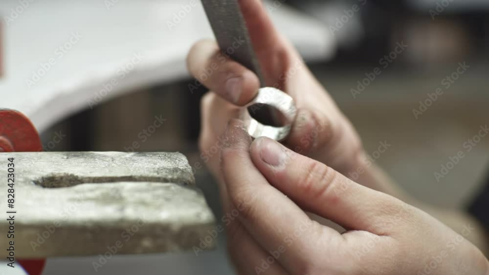 A female jeweler cleans and polishes a piece of jewelry in the form of a silver ring. Craft in a jewelry workshop. A female jeweler cleans and polishes a piece of jewelry in the form of a silver ring. Craft in a jewelry workshop.