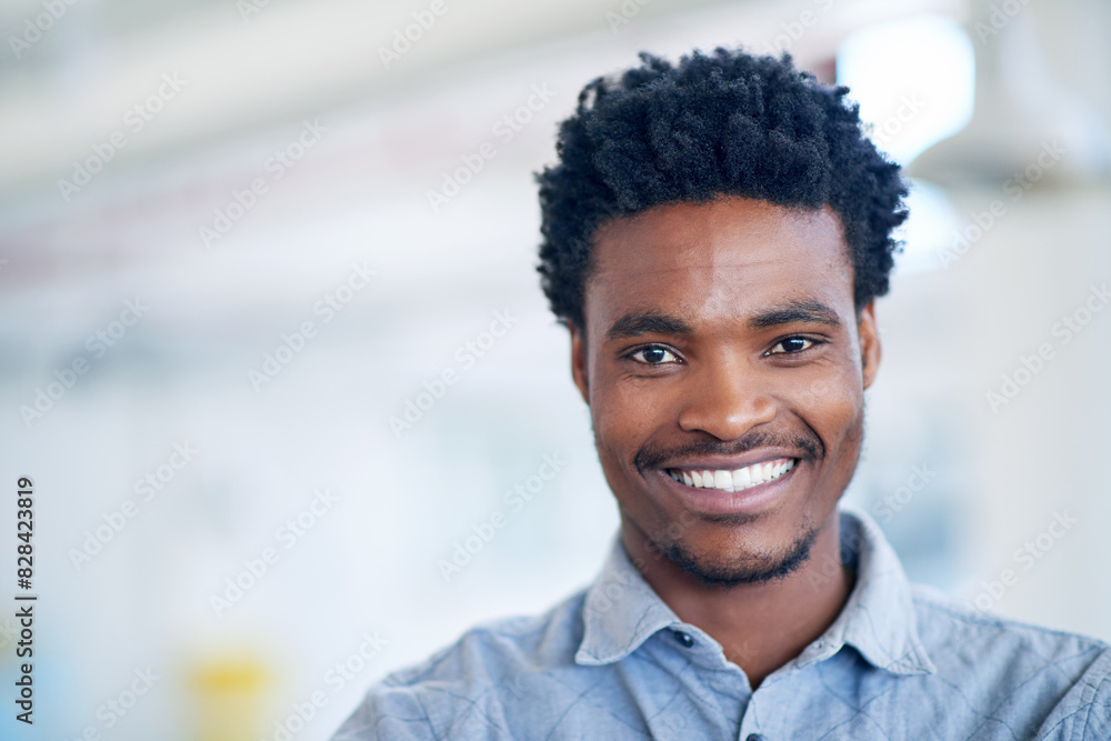 Business, creative and portrait of black man in office with smile, confidence and mockup at agency. About us, design and happy businessman with opportunity, trust and professional pride at startup Business, creative and portrait of black man in office with smile, confidence and mockup at agency. About us, design and happy businessman with opportunity, trust and professional pride at startup