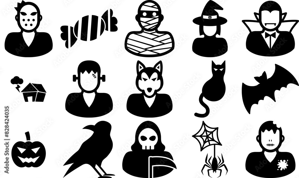 Naklejka premium Mega Set Of Vector Halloween Solid Icons Icons Web Header Banner Design Containing Halloween,Animal,Fancy,Party,Ghost Vector Icon Set Linear Pictogram Pack