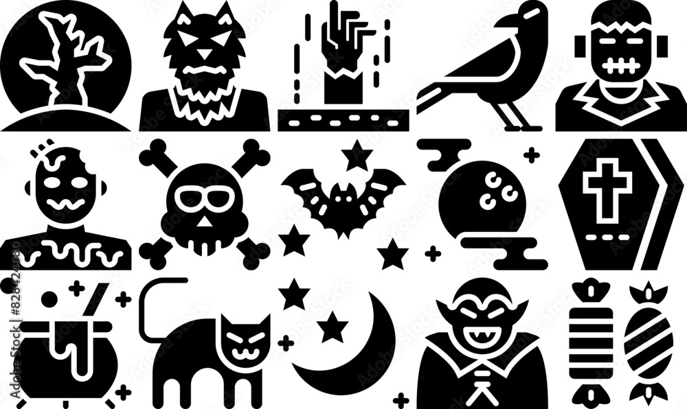 Naklejka premium Set Of Linear Halloween Glyph Icons Collection Isolated Silhouette Solid Icons Including Holiday,Horror,Ghost,Halloween,Spooky Vector Icons Illustration Collection