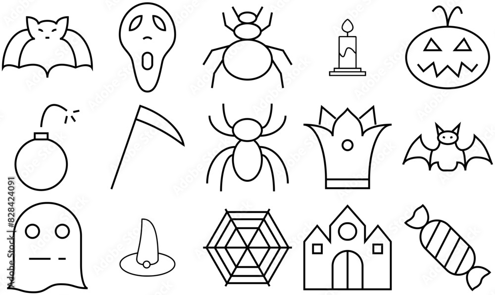 Mega Set Of Vector Halloween Sharp Isolated Silhouette Solid Icons With Spider,Spooky,Bat,Crown,Pumpkin Simple Black Style Symbol Sign For Apps And Website, Vector Illustration
