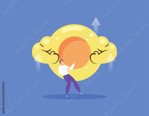 illustration of a businessman and a muscular coin character. strong economic or financial conditions. the value of shares or currency continues to strengthen. illustration concept design. graphic
