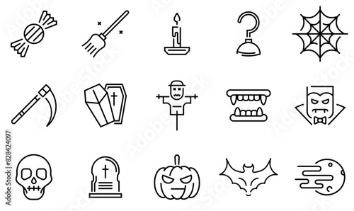 Set Of Halloween Fear Itself Vector Symbols Apps, Websites Ui Designs Suitable For Nocturnal,Halloween,Vampire,Horror,Spooky Vector Icon Set Linear Pictogram Pack