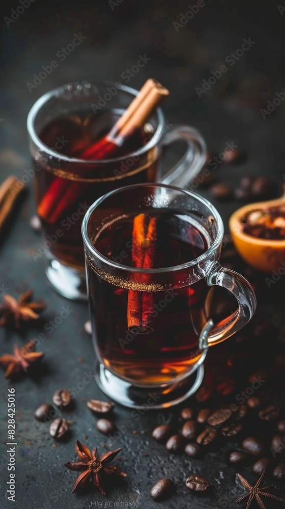 Fototapeta premium Warming cinnamon spiced coffee in glass mugs