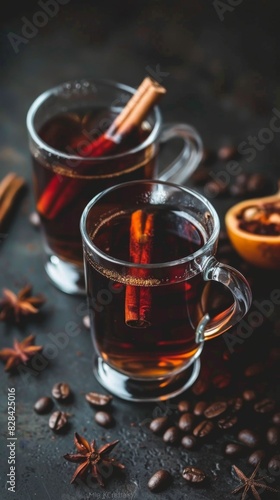 Warming cinnamon spiced coffee in glass mugs
