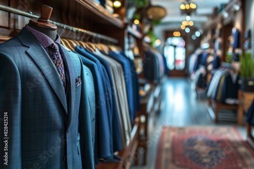 Business men's suit store indoor view, Men's suits on a hanger in a store window, AI-generated