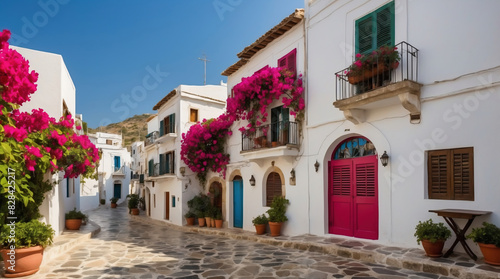 Stroll Through a Picturesque Mediterranean Coastal Street in Greece Adorned with Vibrant Bougainvillea and Whitewashed Houses