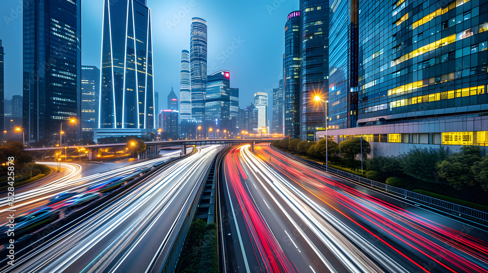 Modern city skyline with light trails of evening traffic on a highway light flow of traffic on a evening highway in a city with modern high buildings Modern city skyline with light trails of evening traffic on a highway light flow of traffic on a evening highway in a city with modern high buildings