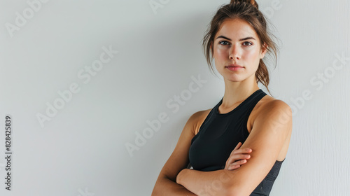 Serious woman in a black sports top with arms crossed.