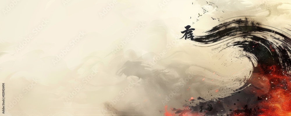 A painting of a wave with a person on top of it. The painting has a sense of movement and energy A painting of a wave with a person on top of it. The painting has a sense of movement and energy
