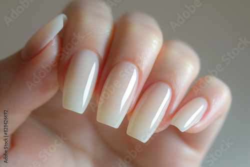 Photo  of a woman s hand  the focus is on the nails  long pastel beige  elegant  natural background beige.