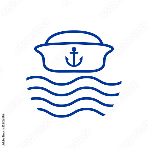 Logo Nautical. Silueta de sombrero de marinero de barco con líneas con olas de mar