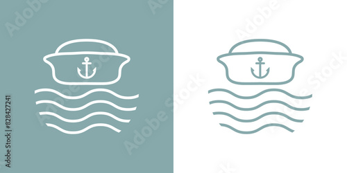 Logo Nautical. Silueta de sombrero de marinero de barco con líneas con olas de mar