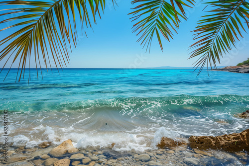 Sea picture of a beautiful beach in Crete  beach  crystal clear sea  Mediterranean  waves  sunshine  sea day  with palm trees  island.