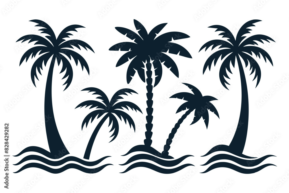 Set of palm tree island and waves, paradise graphics laser citting engraving on white background