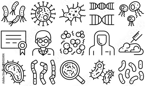 A Collection Of Bacteria Microbes And Viruses Icons Silhouette Vector Logo Design Containing Organism,Bacteria,Germ,Pathogen,Virus Vector Icon Set Linear Pictogram Pack
