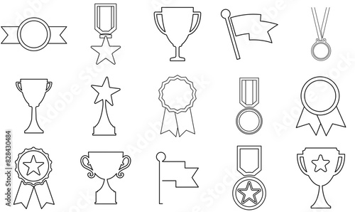 A Collection Of Award Line Icons Collection Isolated Silhouette Solid Icons Including Medal,Award,First,Winner,Trophy Solid Icon Collection. Vector Illustration