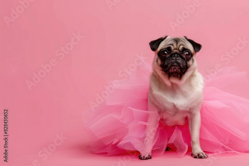 Playful Pug in Pink Tutu on Clean Background