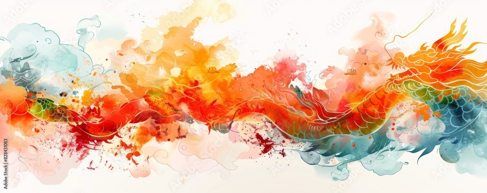 Obraz premium A painting of a dragon with orange and blue colors. The dragon is long and has a lot of detail. The painting has a lot of splatters and seems to be abstract