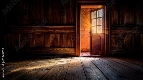 Sunlight streaming through open vintage wooden door inside a dark room