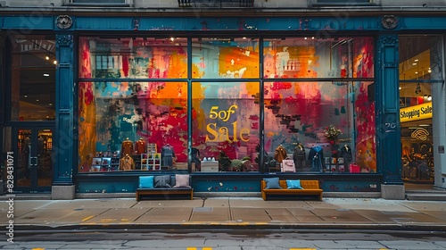 driving down the street and noticing a storefront window adorned with colorful decals proclaiming a "50% off Shopping Sale" against a neutral solid backdrop © coco