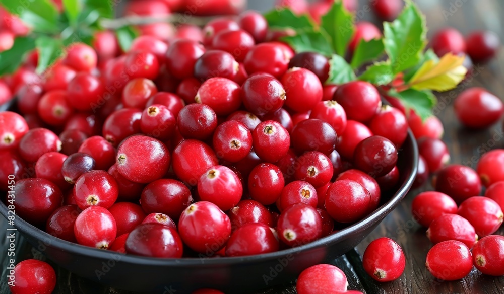 Fresh cranberries in a black bowl with green leaves Fresh cranberries in a black bowl with green leaves