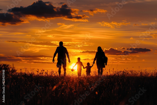 Sunset Silhouette  Family walking during sunset  Togetherness and Serenity  Warm Evening