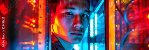A man in formal attire, wearing a suit and tie, stands confidently in front of brightly glowing neon lights photo