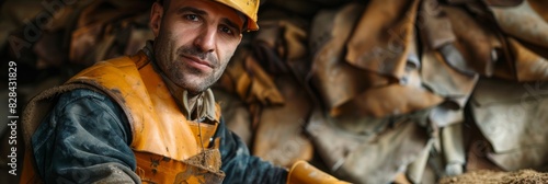 A man in protective gear, wearing a hard hat and yellow safety vest, emphasizes safety while working with leather hides photo