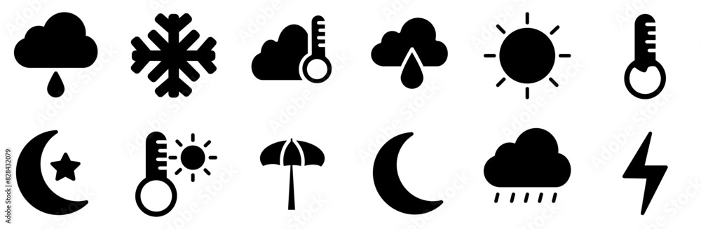 Set Of Linear Weather Collection Isolated Silhouette Solid Icons With Sun-Cloud,Rain-Cloud,Weather,Cloud,Sky Pictograms And Infographics Design Elements Vector Illustration Set Of Linear Weather Collection Isolated Silhouette Solid Icons With Sun-Cloud,Rain-Cloud,Weather,Cloud,Sky Pictograms And Infographics Design Elements Vector Illustration