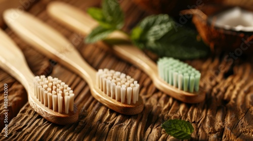 Eco-friendly bamboo toothbrushes with fresh mint leaves on wooden background