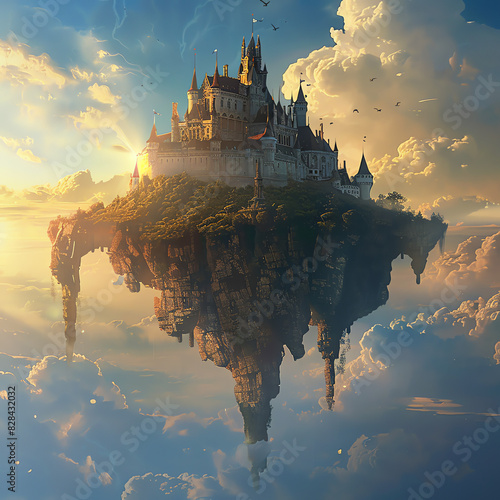 A castle on a floating island. The island is surrounded by clouds and there is a bright light in the background.