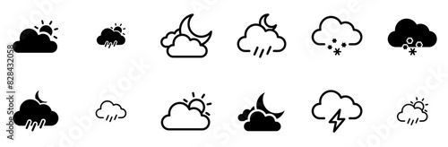 Set Of Linear Weather Icons Silhouette Vector Logo Design Containing Cloud,Rain-Cloud,Cloudy,Rain,Weather Solid Icon Collection. Vector Illustration