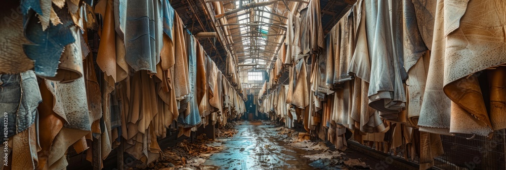 A very long narrow room with rows of leather hides hanging on the walls of a tannery workshop