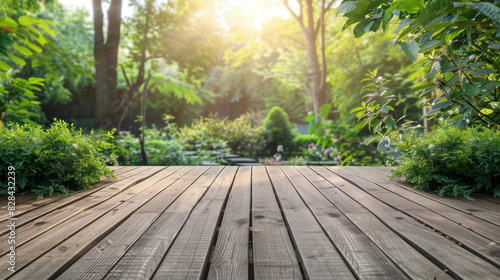 Empty Wooden Deck with Greenery, Nature and Relaxation, Outdoor Space