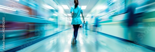 A nurse walking urgently down a hospital hallway with motion blur, conveying a sense of movement and purpose photo