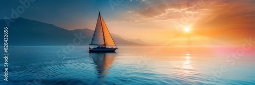 A sailboat peacefully floats on a calm lake, bathed in the warm hues of a beautiful sunset, creating a serene and tranquil scene of freedom and relaxation © Ilia Nesolenyi