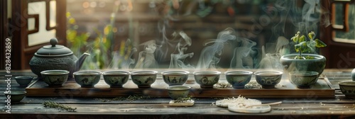 Collection of pots arranged on a wooden table, part of a traditional herbal tea ceremony. Steam rising from herbs adds to the scene