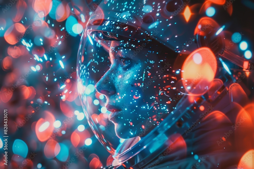 Vibrant abstract visual of a person in a space helmet, surrounded by colorful lights in a fantasy-like setting. Vibrant abstract visual of a person in a space helmet, surrounded by colorful lights in a fantasy-like setting.