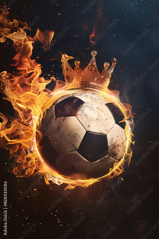 Fototapeta premium Flaming soccer ball with golden crown on black background. Epic goal, winner. World championship cup. Sport bet, football match betting. Banner, poster or card with copy space