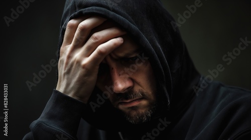 A man is wearing a black hoodie and is looking down. He is frowning and he is in a state of distress photo