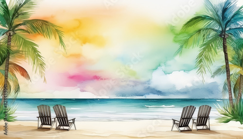 Two beach chairs are sitting on the sand next to palm trees