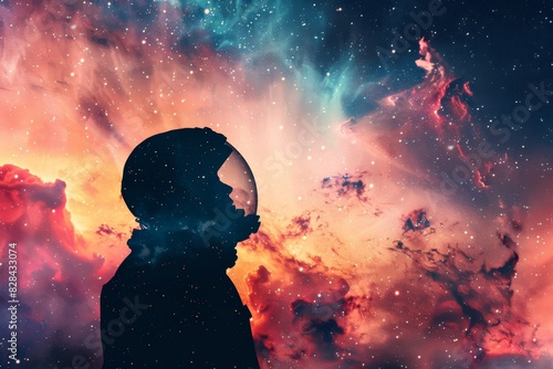 Silhouette of an astronaut against a vibrant cosmic nebula, symbolizing exploration, adventure, and the infinite possibilities of the universe. photo