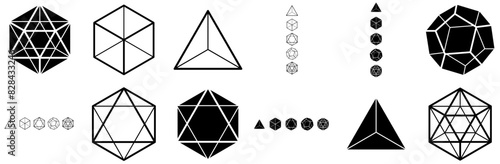 Set Of The Five Platonic Solids Isolated Silhouette Solid Icons With 3D,Platonic-Solids,Polyhedral,Geometry,Dice Vector Icon Set Linear Pictogram Pack