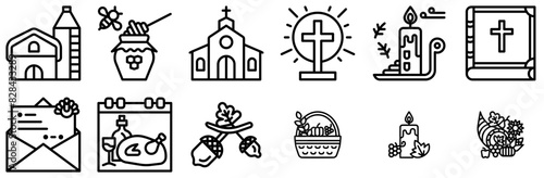 A Collection Of Thanksgiving Isolated Silhouette Solid Icons With Thanksgiving,God,Candle,Fruit,Church Simple Black Style Symbol Sign For Apps And Website, Vector Illustration