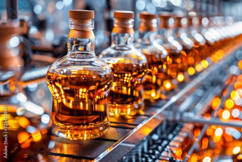 Glowing whiskey bottles on production line in distillery © volga
