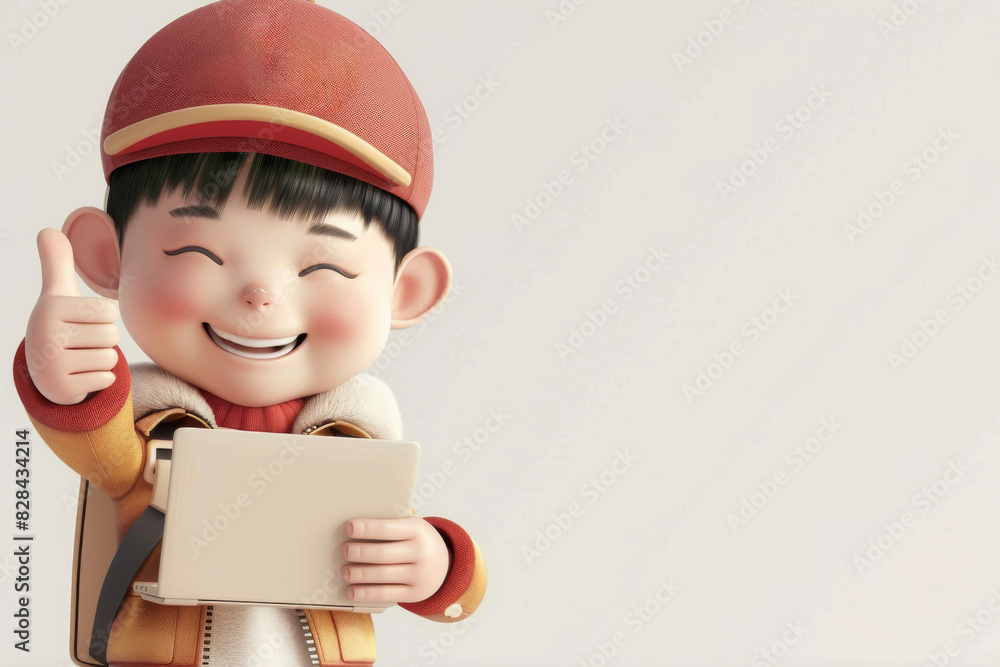 3D chineses cute kid character give a thumb up while holding a laptop 3D chineses cute kid character give a thumb up while holding a laptop
